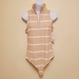 Jennifer Lopez Zip-Front Sleeveless Ribbed Bodysuit Blush Pink Cream - (M)